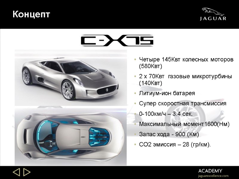 Концепт Четыре 145Квт колесных моторов (580Квт) 2 x 70Квт  газовые микротурбины (140Квт) Литиум-ион